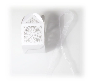 Macro detail of white snowflake laser-cut gift box with white glossy satin ribbon