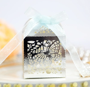 Silver hollow butterfly candy box with light blue ribbon for wedding gift packaging