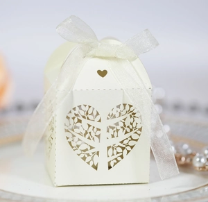 Detail showing laser-cut heart tree patterns on ivory favor box with white organza ribbon