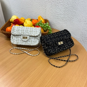 Retro plaid tweed crossbody chain bag with gold metallic lock in black and white colors
