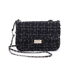 Classic plaid tweed crossbody bag with gold chain strap and metallic twist lock closure
