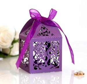 Deep purple laser-cut candy box with silk ribbon for wedding and banquet favors