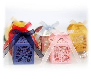 European laser cut snowflake candy gift boxes with silk ribbons in multiple colors