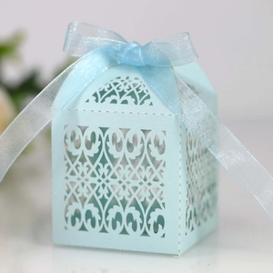 Close-up of laser-cut floral hollow gift box in light blue with sheer organza ribbon bow