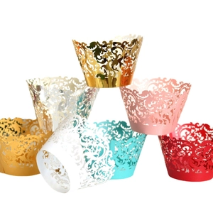 Lace hollow cupcake wrappers in various metallic and pearlescent colors for weddings