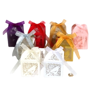 Laser cut love bird candy boxes in multiple colors with ribbon bow for wedding favors