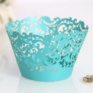 Elegant laser-cut filigree cupcake wrapper in tiffany blue with pearlescent finish