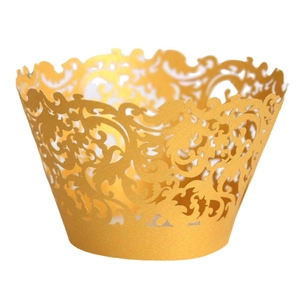 Elegant gold hollow laser cut cupcake wrappers with intricate vine floral patterns