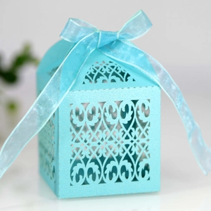 Detailed macro view of laser-cut European floral patterns on a Tiffany blue gift box
