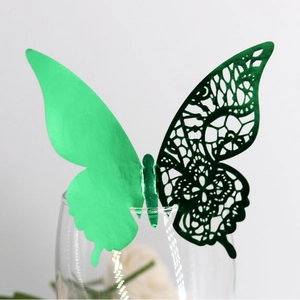 Laser-cut 3D green paper butterfly place card for wine glass rim decoration