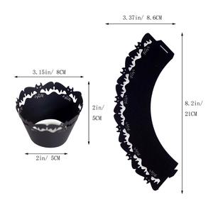 Laser cut black bat cupcake wrappers for Halloween with precise size dimensions shown