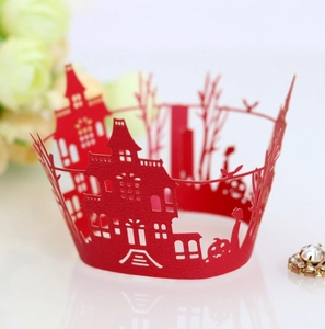 Detailed laser cut red Halloween castle cupcake wrappers with ghoulish silhouettes