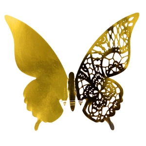 Golden 3D laser-cut butterfly place card with asymmetrical hollow lace design for weddings