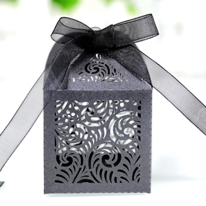 Elegant black hollow-out laser cut wedding candy box with sheer ribbon bow decoration