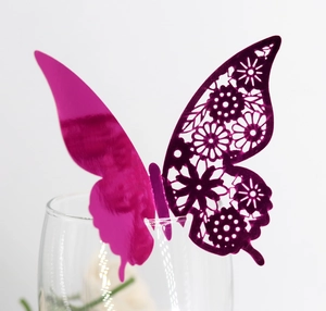3D magenta butterfly wall sticker and cup card with laser hollowed flower patterns