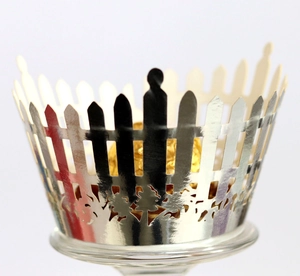 Mirror silver cupcake wrapper with hollow fence pattern for elegant wedding party decoration