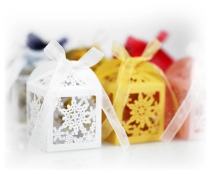 Detailed laser-cut snowflake hollow gift boxes with ribbon bows in elegant white finish