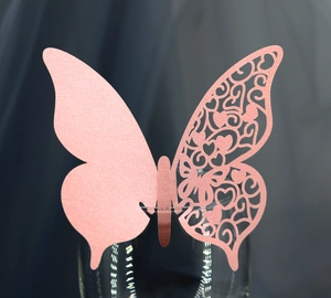 Elegant rose gold laser-cut butterfly place card for wine glass rim decoration