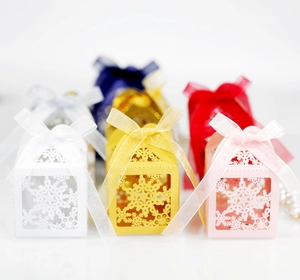 Detailed laser-cut snowflake hollow gift box with elegant organza ribbon and bow
