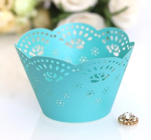 Teal laser-cut lace cupcake wrappers with elegant rose floral hollow pattern