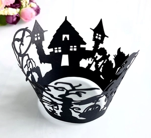 Halloween black laser-cut cupcake wrappers with castle, dead trees, and RIP tombstone designs