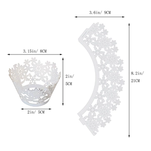 White snowflake laser cut cupcake wrappers showing detailed assembly and flat dimensions