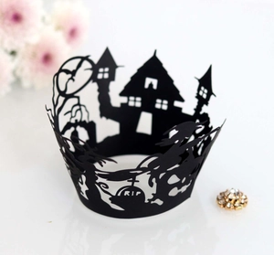 Halloween Laser Cut Cupcake Wrappers Artificial Pearl Paper Witch Castle Tombstone Hollow Out Cake Decorative Cups For Holiday Party Bakery Supplies