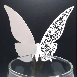 Laser-cut 3D white butterfly paper place cards for wine glass party decorations