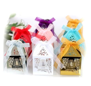 Laser cut Eiffel Tower favor boxes for weddings in multiple glossy paper colors