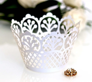 White laser cut lace cupcake wrappers with elegant crown pattern for party decor