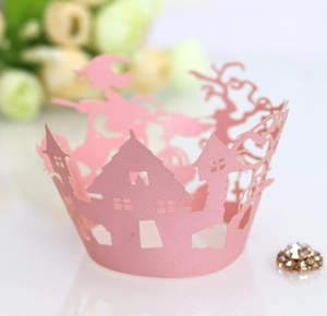 Detailed laser cut pink pearlescent cupcake wrapper with Halloween witch and castle patterns