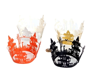 Caissettes à cupcakes Halloween découpées au laser avec motif château et citrouille en 4 tons