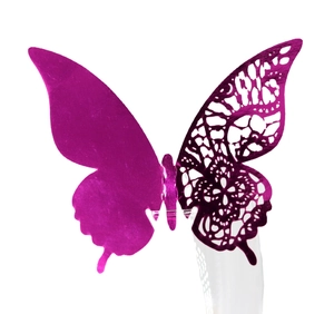 Detail of 3D plum purple laser-cut butterfly with a hollow pattern and metallic finish