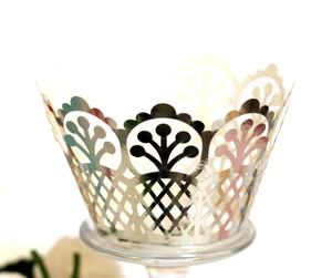 Laser cut champagne gold crown lace cupcake wrappers for elegant party table decor