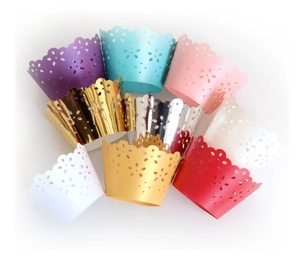 Laser-cut floral lace hollow cupcake wrappers in multiple vibrant metallic colors