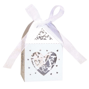Laser cut heart shaped white candy box with LOVE engraving and white organza ribbon