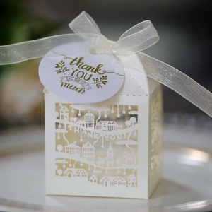 Macro view of white laser-cut favor box with European building design and silk ribbon