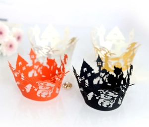 Laser cut Halloween castle cupcake wrappers in black orange white and gold colors