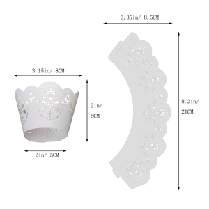 White laser cut cupcake wrappers with lace crown pattern and dimensions for wedding