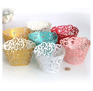 European lace laser-cut cupcake wrappers in various pearlescent colors for dessert decoration