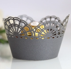 Detailed laser-cut hollow lace cupcake wrapper in elegant dark grey with pearlescent finish