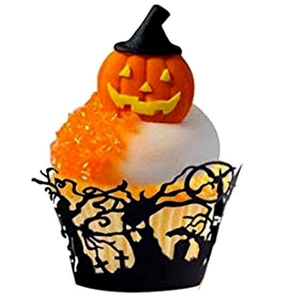 Halloween Cupcake Wrappers Laser Cut Artificial Pearl Paper Castle Witch Bat Tombstone Silhouette Cake Decoration For Halloween Party Dessert Supplies