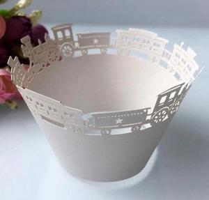 Detailed laser-cut silver train hollow pattern cupcake wrapper for festive decoration