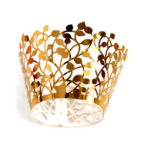 Golden laser-cut cupcake wrapper with hollow leaf design for wedding dessert decoration