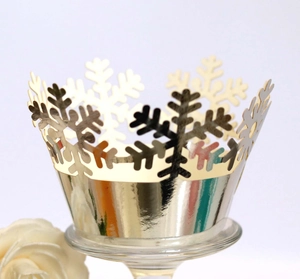 Mirror gold laser-cut snowflake cupcake wrappers for Christmas and winter party decor