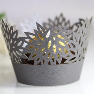 Laser-cut silver hollow cupcake wrapper with pearl paper texture for wedding party decoration