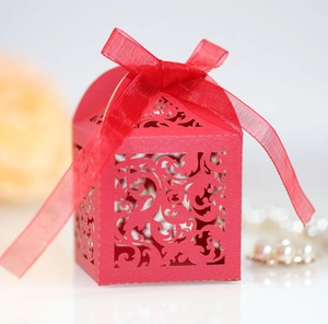 Elegant red laser-cut lace candy box with silk ribbon for wedding party favors