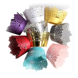 Laser cut hollow flower cupcake wrappers in multiple metallic colors for wedding party