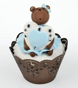Detailed laser-cut filigree cupcake wrapper with a cute bear and heart topper decoration
