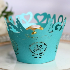 Lake blue laser-cut cupcake wrapper with hollow heart and bride groom patterns